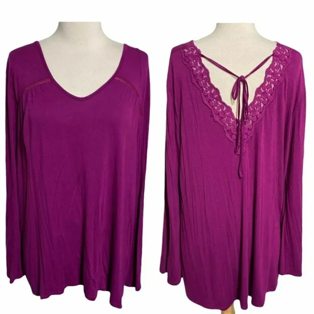 Faded Glory Tunic Top XL Magenta Lace Trim Deep V-Back Tie Long Sleeve Boho